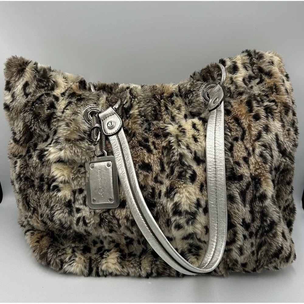 B Makowsky Leopard Print Faux Fur Shoulder Bag Silver Leather Trim Y2K Hobo